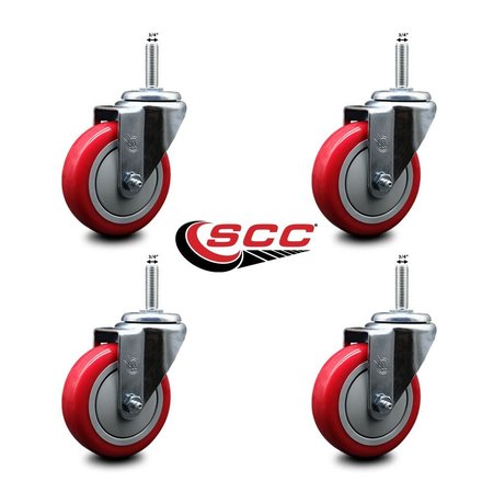 Service Caster 4 Inch Red Polyurethane Wheel Swivel 34 Inch Threaded Stem Caster Set Service Caster SCC-TS20S414-PPUB-RED-34212-4